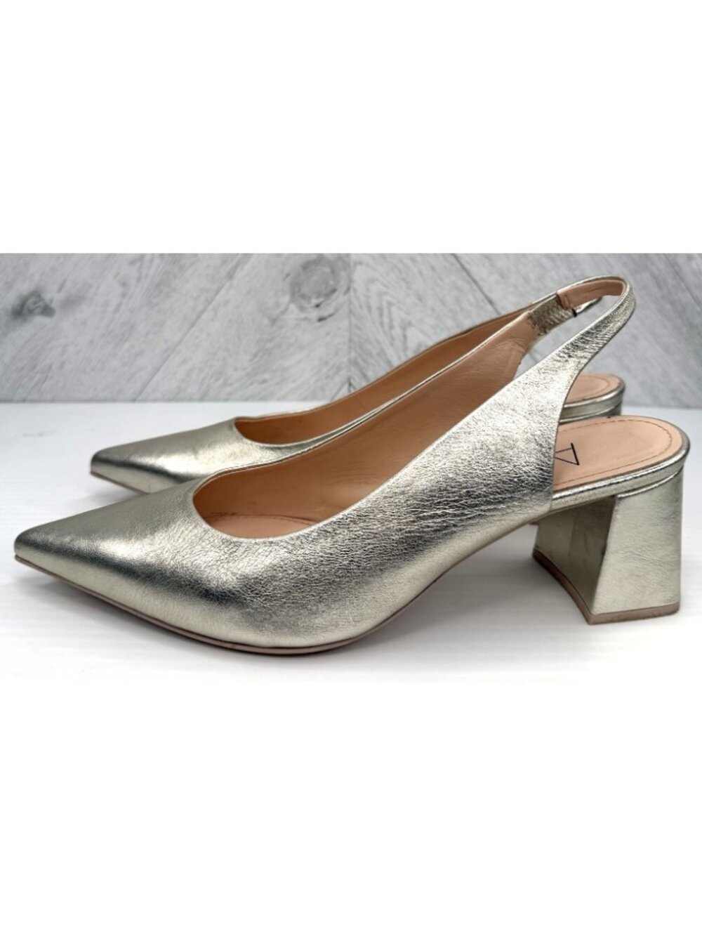 AGL Dodi Slingback Pumps Womens 8.5 Gold Metallic Leather Pointed Block Heel - Picture 6 of 16